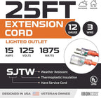 IRON FORGE CABLE 12 Gauge Extension Cord 25 Ft Lighted End - 12 AWG Heavy Duty Cord with 3 Prong, Industrial Grade Orange Outdoor Cable 12/3 SJTW for Major Appliances & HVAC, US Veteran Owned
