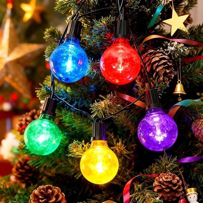 25Pack G40 Christmas LED String Lights Bulbs, E12 Screw Base Shatterproof Colored Bulbs for Outdoor Holiday Decor 120V 0.6W Dimmable Equal to 7W, Patio & Christmas Tree Lighting (Multicolor)