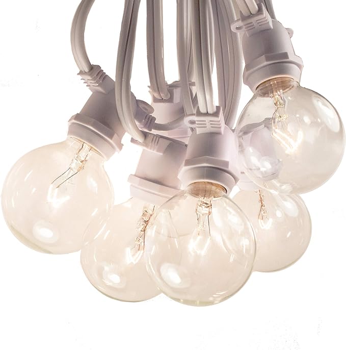 Hometown Evolution, Inc. 50 Foot C9 Commercial Exterior Globe String Lights with 40 G50 2 Inch Clear Bulbs (White Wire) for Weatherproof Heavy Duty Vintage Outside Lighting