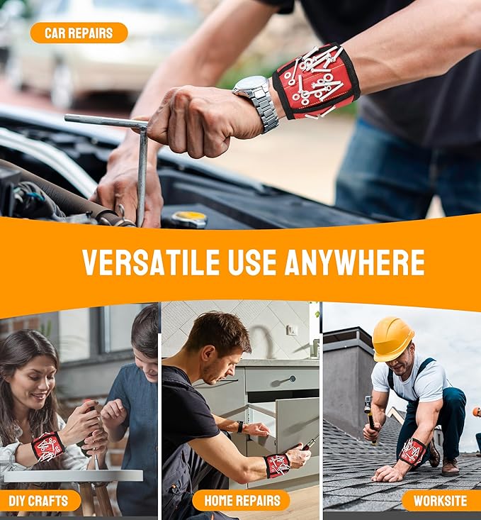 HiRui Magnetic Wristband for Tools – Ultra-Strong 15 Neodymium Magnets Hold Screws, Nails & Bits, Dual Pockets – Hands‑Free for DIY, Home Repairs, Auto – Gift‑Ready for Dad, Husband, Grandpa (Red)