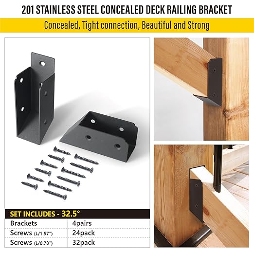 201 Stainless Steel 2" x 4" (1 ½" x 3 ½" Actual) Deck Railing 32.5°Stair Connectors, for Deck Railing Stair Handrail Connection Installation Deck Railing Bracket (4 Pair-Black)