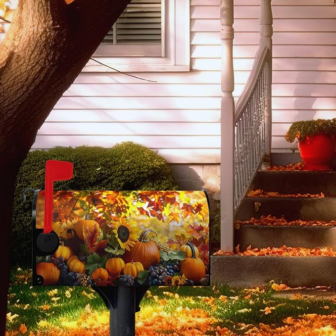 Fall Autumn Pumpkin Mailbox Covers Magnetic Standard Size 21x18 Inch Harvest Maple Leaves Letter Box Cover Fall Mailbox Post Box Wraps Yard Garden Decorations