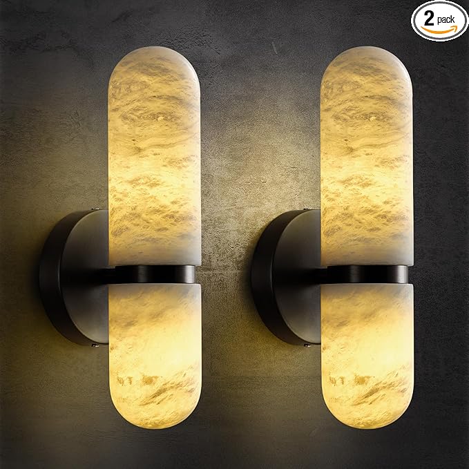 Alabaster Wall Sconces Set of Two, 13in Black Alabaster Sconce, Modern Spanish Natural Marble Sconces Lights, Sconces for Bathroom Vanity Bedroom Living Room Staircases Hallway