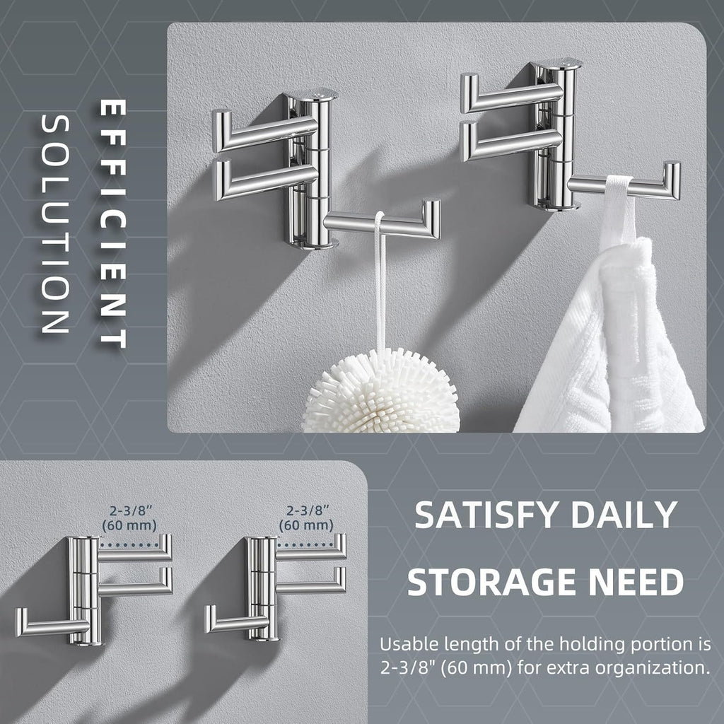 Angle Simple Swivel Towel Hooks for Bathroom, SUS 304 Stainless Steel Foldable 3 Arms Hand Towel Holder, Coat Wall Hooks, Polished Chrome, 2 Pack