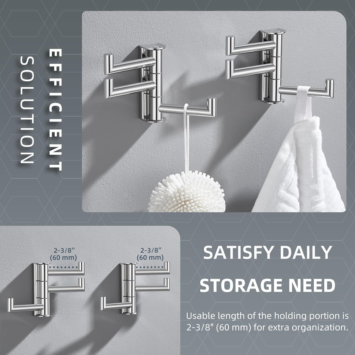 Angle Simple Swivel Towel Hooks for Bathroom, SUS 304 Stainless Steel Foldable 3 Arms Hand Towel Holder, Coat Wall Hooks, Polished Chrome, 2 Pack