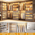 Aheaplus Closet System with 12 Drawers, 8.5-11.5Ft Wood Closet Organizer System with 4 Hanging Rods & 3 Towers, 4Ft & 6Ft L-Shaped Walk-in Closets Wardrobe Organizer Clothes Rack, Set of 3, Grey1