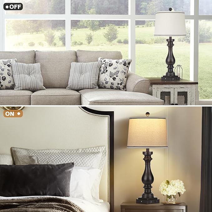 27.5" Tall Table Lamp for Living Room,Farmhouse Vintage Bedside Nightstand Lamp with USB C+A Ports & AC Outlet,3-Way Dimmable Touch Control Retro Black Lamp for Bedroom,Single Black