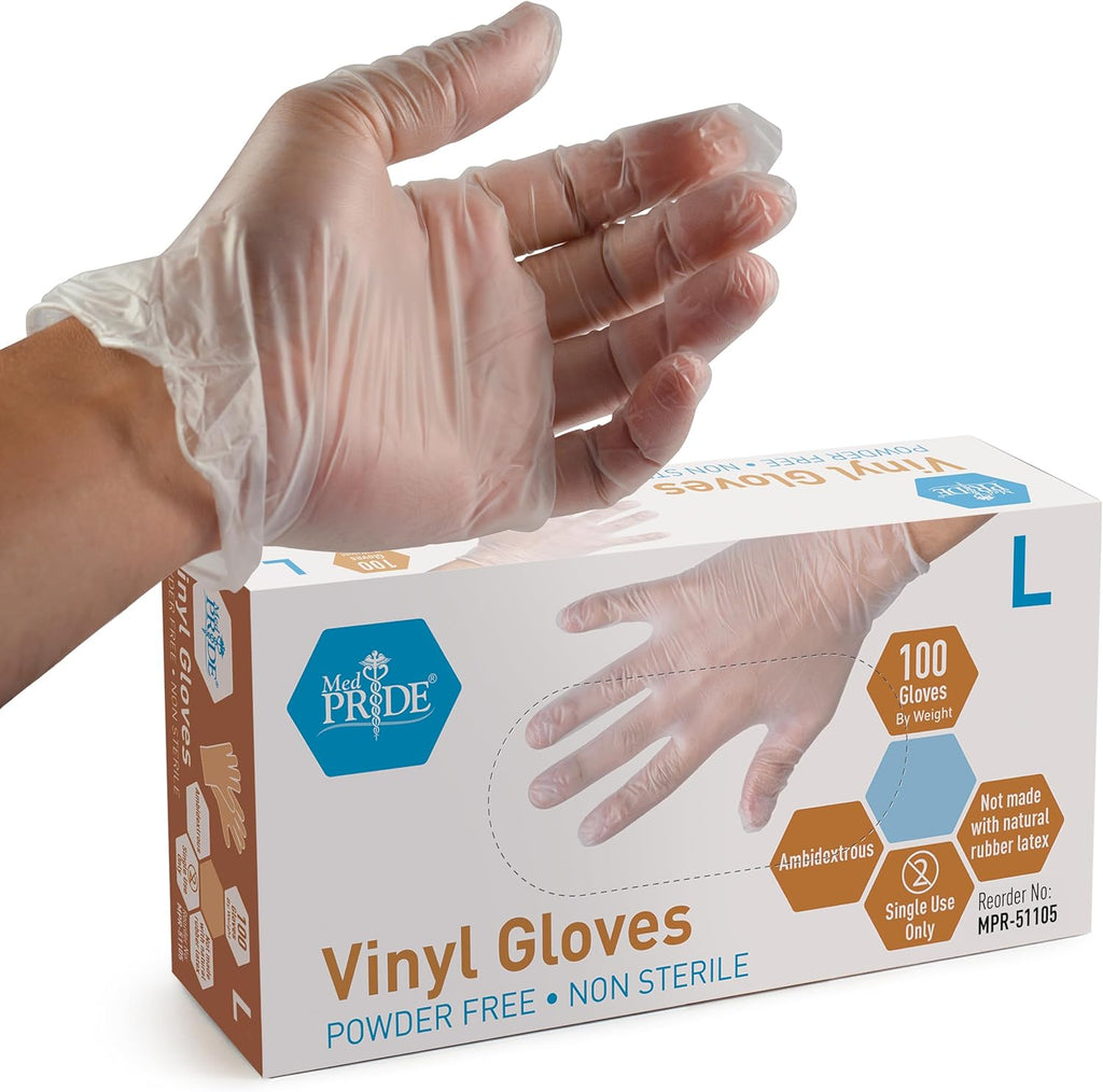 MedPride General Purpose Powder-Free Vinyl Gloves, Large, Box/100
