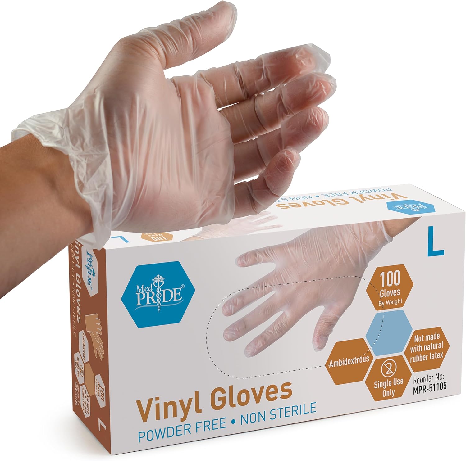 MedPride General Purpose Powder-Free Vinyl Gloves, Large, Box/100