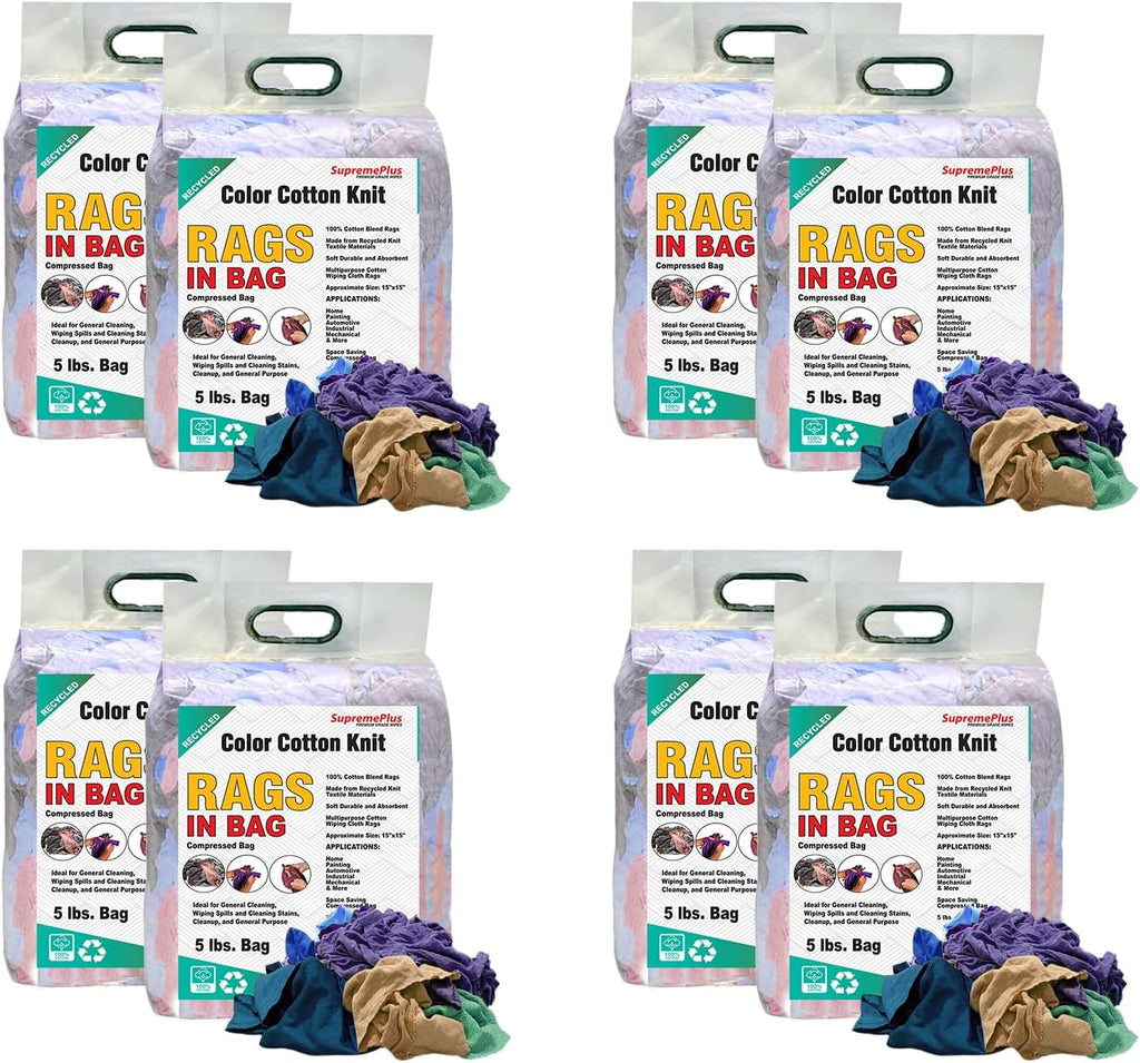 Color T-Shirt Rags (5 lbs. Bag - Pack of 8) - Shop Bulk T-Shirt Cotton Cloth Rag in a Bag, Wipes for House, Mechanic, Auto, Garage, Paint, Window, & Utility