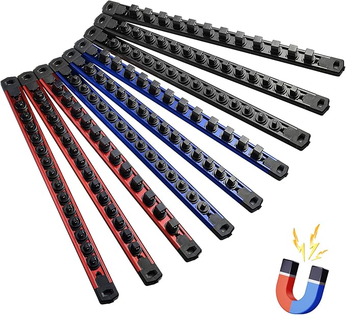 Magnetic Socket Organizer, 9-Piece Heavty Duty Aluminum Socket Holder, Socket Rail for Tool Box, Premium Quality 360° Swivel Socket Rack Kit with 120 Clips for 1/2, 3/8, 1/4-Inch(Multi)