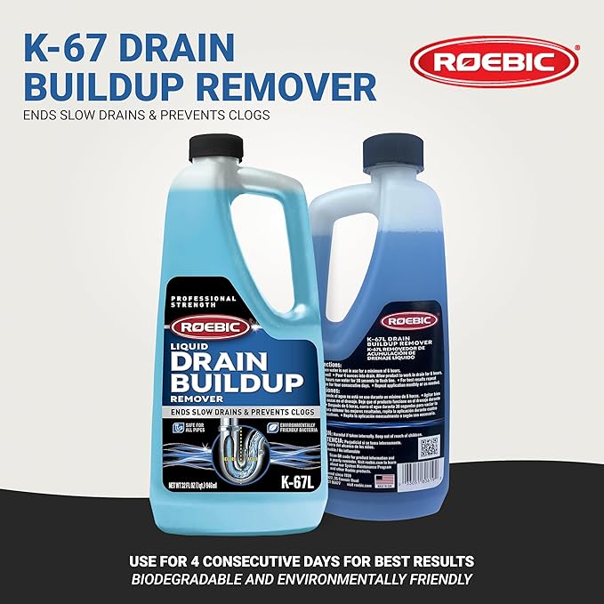 Roebic K-67 Liquid Drain Cleaner, Pipe Buildup Remover with Bacteria Enzymes for Household Drains and Sink Traps, Safe for Kitchen and Bathroom Sink, 32 fl oz