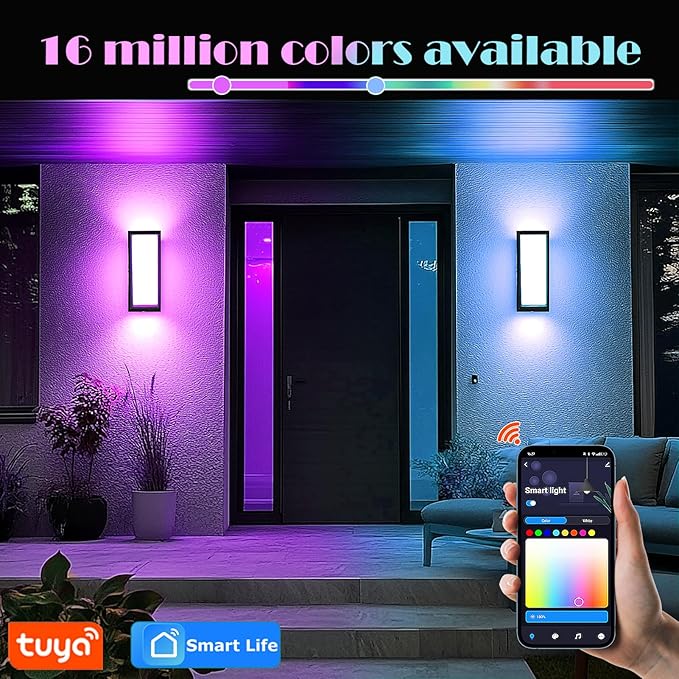 LED Smart Wall Sconces, 1Pack RGB Color Changing Outdoor Wall Light Fixtures, Exterior Lighting Fixtures via Tuya App Control, IP65 Waterproof Outside Light Fixtures for House Porch Yards