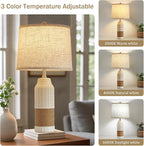 GyroVu Boho Rattan Table Lamps Set of 2, 3 Color Temperature Bedside Table Lamps for Night Stands, Vintage Farmhouse Rattan Table Lamp Antique for Decoration, Bedroom, Living Room, Bedside Table