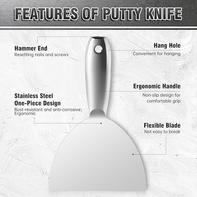 Fishark Putty Knife, 6 Inch One Piece Stainless Steel Scraper, Spackle Knife, Putty Knife Scraper, Wallpaper Scraper Paint Scraper Tool for Drywall Repair, Removing Wallpaper, Mud, Applying Plaster