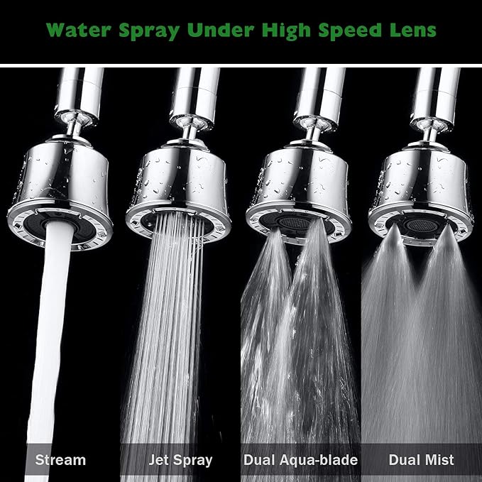 Faucet Sprayer Attachment with 2 Ball Joint, Big Angle Swivel Kitchen Sink Faucet Head Replacement, 4 Spray Models, 55/64-27UNS Famale Thread, Male Thread Adapter Included, Polished Chrome