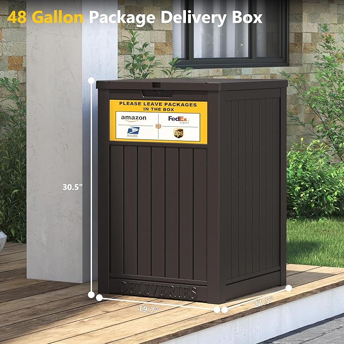 Package Delivery Box for Porch with Sign,48 Gallon Outdoor Storage with Lockable Secure, Large Double Wall Resin Outdoor Package Delivery and Waterproof