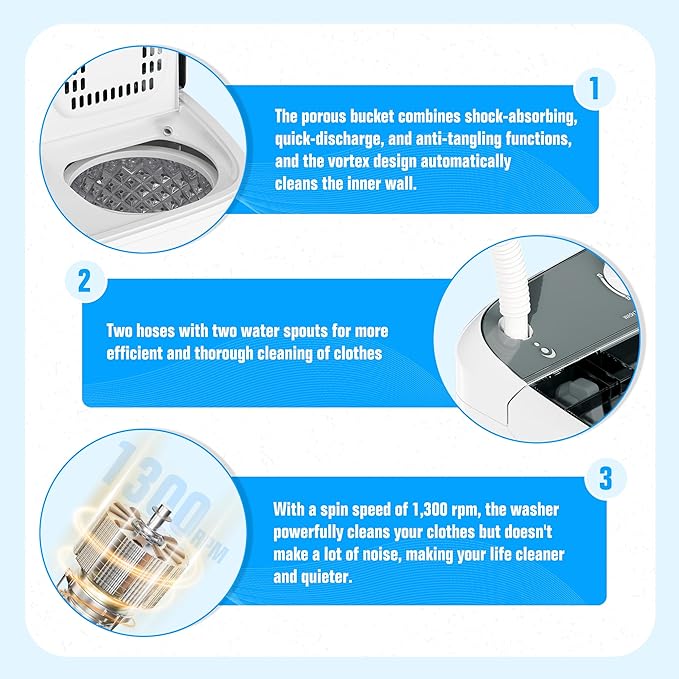 INTERGREAT Portable Washing Machine with Longer Hose, Twin Tub Washer Mini Compact Laundry Machine with Drain Pump, 16lbs Portable Washer Dryer Combo for Dorms, Apartments, Grey