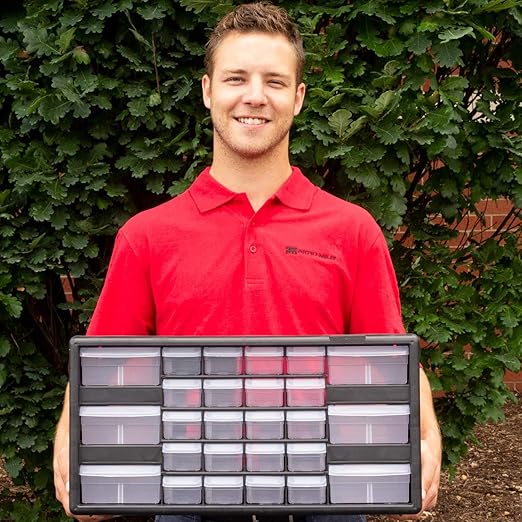 Akro-Mils 26-Drawer Plastic Drawer Storage Cabinet for Garage Organization, Bead Organizer, Building Bricks Storage, Teacher Toolbox, Makeup Organizer, 20" W x 6" D x 10" H, 10126 Red