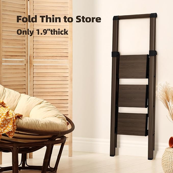 HillhutApex 3 Step Foldable Aluminum Step Ladder with Handgrip, Anti-Slip Pedal, 330lbs Capacity, Lightweight & Portable for Home, Kitchen, Office, Garage (Walnut)