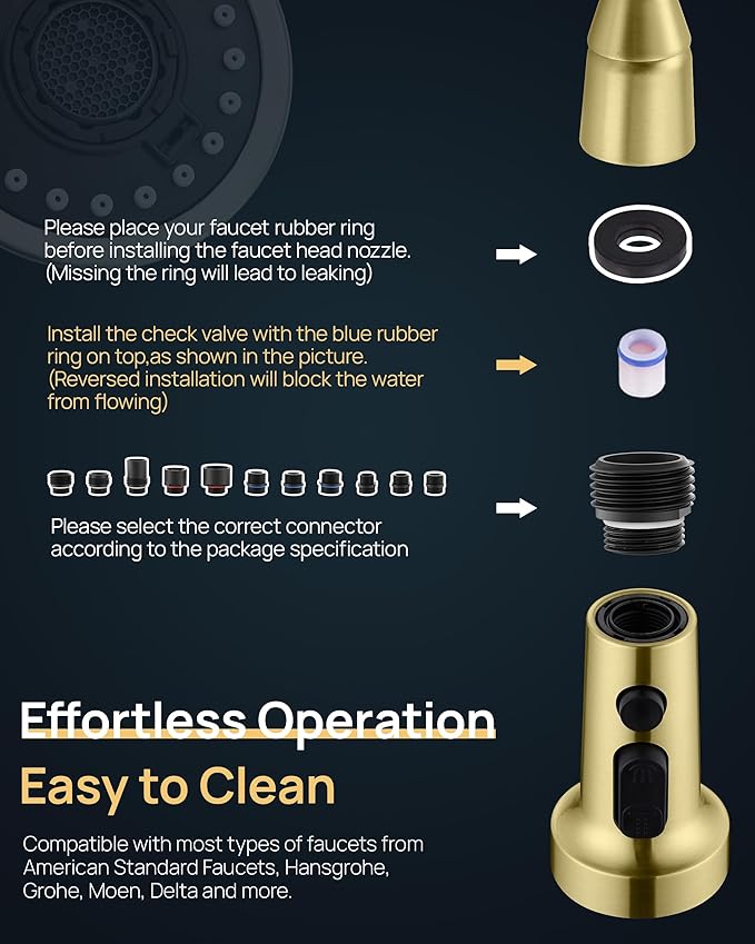 J-HVA Pull Down Kitchen Faucet Sprayer Head Replacement Part, 3 Function Pull Out Sink Sprayer Replacement Nozzle with 15 Adapters, Kitchen Faucet Head Hose Spray Tap Spout, Brushed Gold