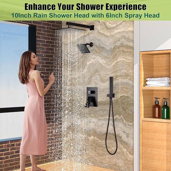 Enga Shower System Dual Shower Heads with 10+6" Dual Rain Shower Head with Handheld Spray for Two People, Wall Mount Shower Faucet Set with Valve Kit, Matte Black