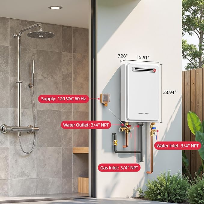 MIZUDO Natural Gas Tankless Water Heater Outdoor Installation Max 5.1 GPM 120,000 BTU CSA Certified Constant Temp High Power On Demand Hot Water Heater for Big Family Whole House, Gen 2