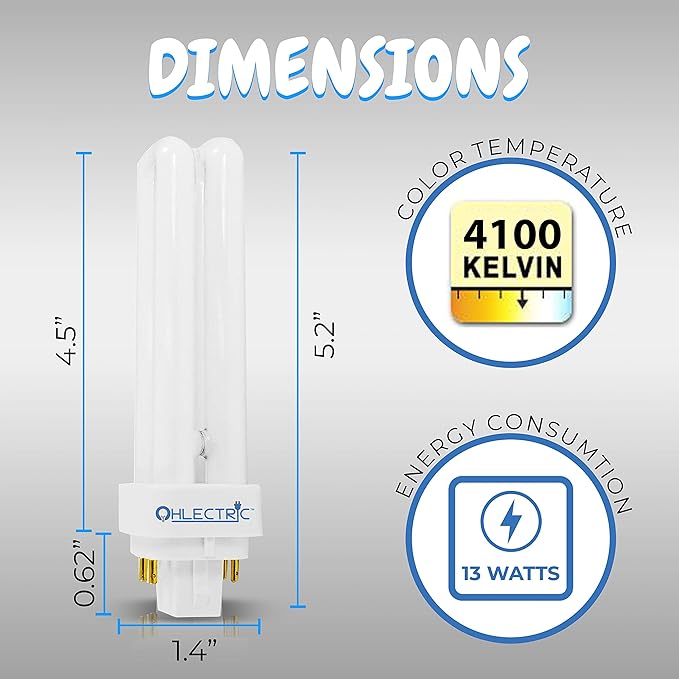 OHLECTRIC 13W Cool White Fluorescent Lamps with G24q-1 Base - 4100k Double Tube Compact Fluorescent Lamps - Perfect Choice for Garage, Halfway, Yard, Porch - Pack of 4