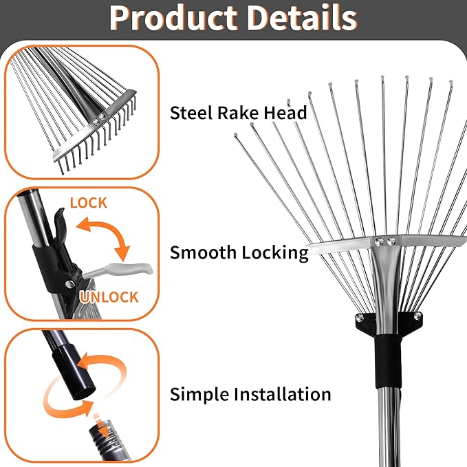 2 Packs Garden Rake for Leaves – Heavy Duty Metal Leaf Rake for Lawns with Adjustable Handle (33"-69") & Expandable Head (8"-15") – Durable for Lawn, Shrub, Garden Beds – Essential Gardening Tools