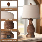 PARTPHONER Table Lamps Set of 2, Bedside Touch Lamp with USB C+A Charging Ports, Side Table Lamp with Linen Fabric Shade (LED Bulbs Included), Wood