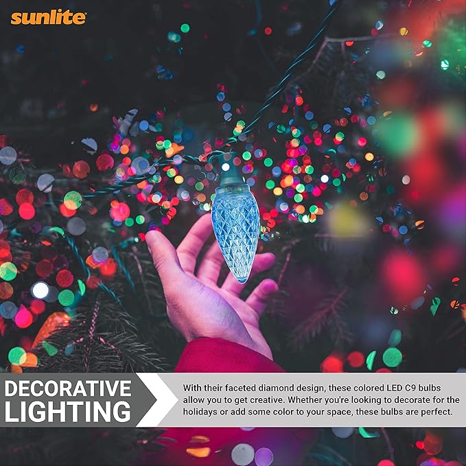 Sunlite 80705 LED C9, Holiday Decorative Light Bulb, 0.4 Watts, E17 Intermediate Base, Faceted Christmas-Lights; Nightlight, Blue