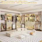 Unikito Closet System, 6-14FT Walk in Closet Organizer with 8 Drawers and Mirror, 168" Wood Closets Insert with Tower, Sturdy Wardrobe Closets Garment Rack with Extendable Hanging Rods, White Oak