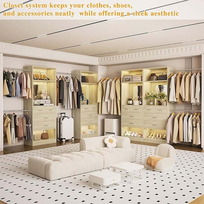 Unikito Closet System, 6-14FT Walk in Closet Organizer with 8 Drawers and Mirror, 168" Wood Closets Insert with Tower, Sturdy Wardrobe Closets Garment Rack with Extendable Hanging Rods, White Oak