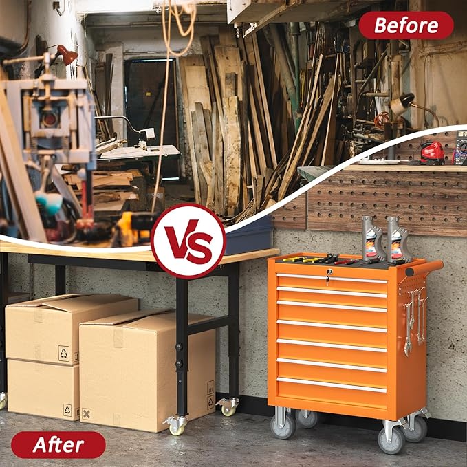 7 Drawers Rolling Tool Chest with Wheels, Portable Rolling Tool Boxes with Wheels, Tool Box Storage Cabinet with Locking System for Workshop(Orange, 7 Drawers)