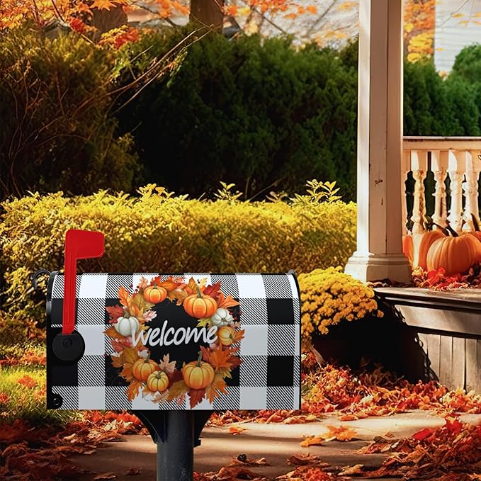 Fall Welcome Mailbox Covers Magnetic Large Size Autumn Pumpkin Buffalo Plaid Mailbox Cover Oversized Post Mailbox Wrap Outdoor Decor for Garden Yard 21x25.5 Inch