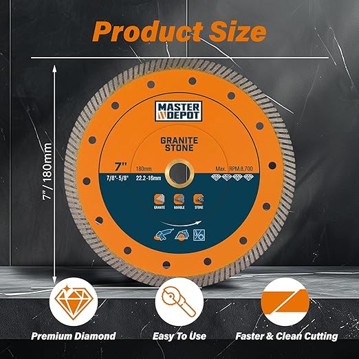 7 Inch Diamond Blade for Granite, Ceramic, Marble, Stone and Hard Bricks, Super Thin Turbo Rim Design for Angle Grinders and Handheld Saws, Dry and Wet Use, 7/8"-5/8" Arbor (2 PCS)