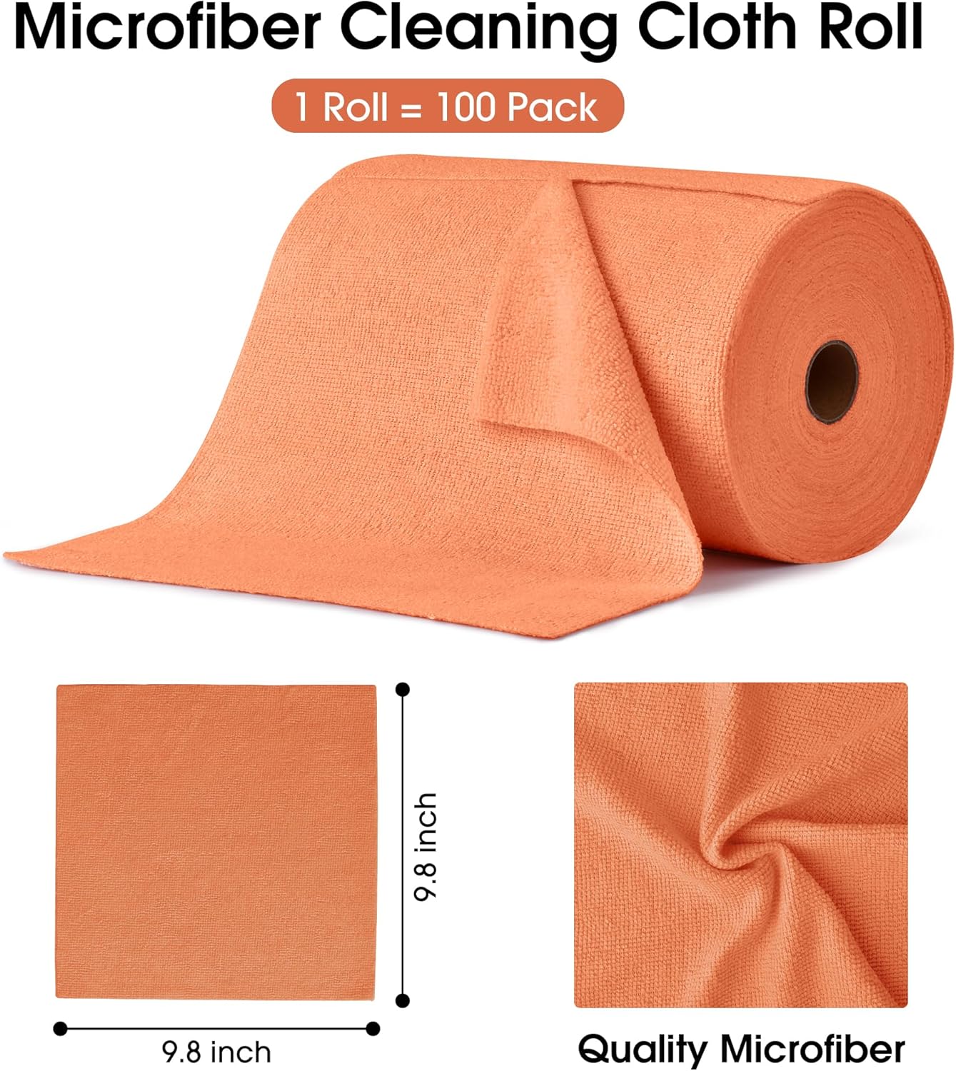 KitchLife Microfiber Cleaning Cloth Roll, 100 Pack - Tear-Away Microfiber Paper Towels, Lint-Free, Reusable, Washable for Kitchen, Car, Dishes, and Sensitive Surfaces (Coral)