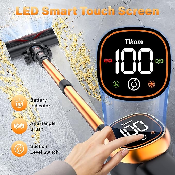 Tikom V500 Cordless Vacuum Cleaner for Home, 40000Pa/450W Stick Vacuum with LED Touch Screen, Charging Wall Dock, Anti-Tangle, Lightweight Handheld Vacuum for Pet Hair, Hard Floor, Carpet