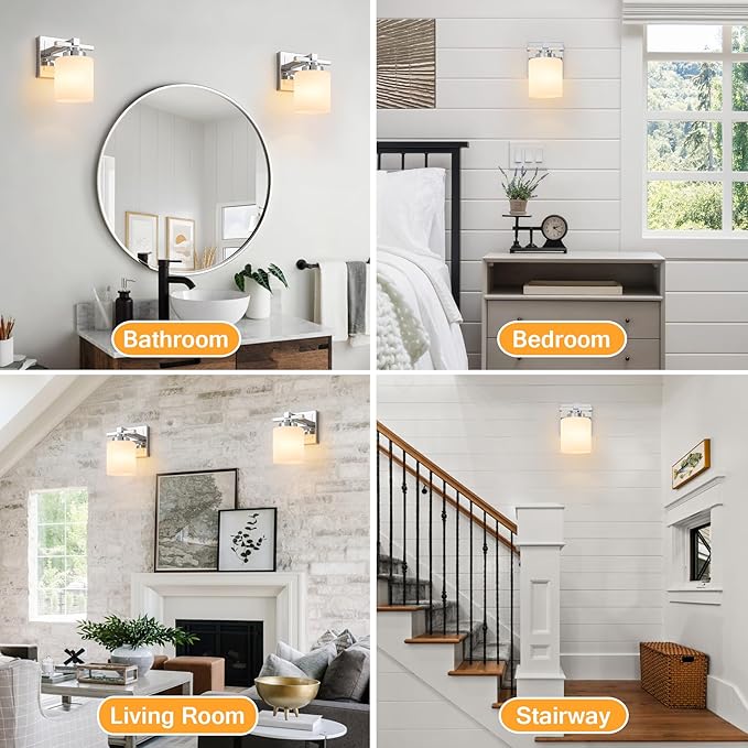 1 Light Modern Bathroom Light Fixtures Over Mirror, Chrome Vanity Lights for Bathroom Wall Sconces with Milky White Glass Shades, E26 Socket (Bulbs Not Included)