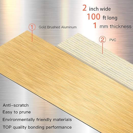 GSCIT Club Gold Edge Banding, 2 Inch x 100ft Aluminum Brushed Edge Banding PVC Edge Trim for Cabinet Repair Furniture