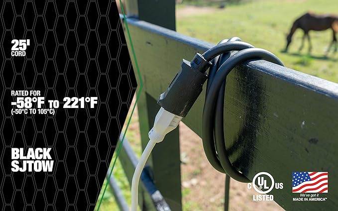 Southwire AGRIPRO 12/3 Heavy Duty Extension Cord, 25ft, Farm/Workshop Cord, SJTOW, Black, 67729001