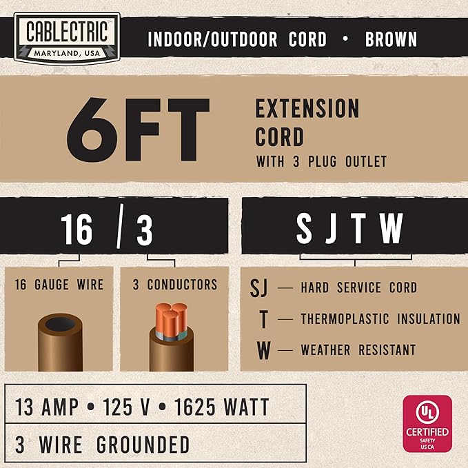 6 Ft Brown Extension Cord with 3 Electrical Power Outlet - 16/3 SJTW Heavy Duty Cable with 3 Prong Plug for Safety, 13 AMP for Heavy Appliances, Garden, Lawn, Lightning Decoration