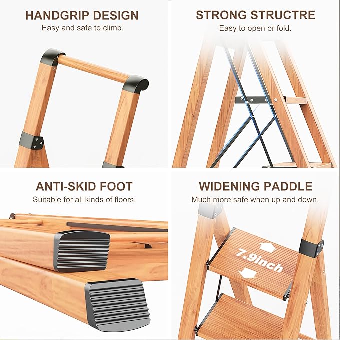 GameGem 6 Step Ladder for 12ft High Ceiling, Lightweight Aluminum Folding Step Stool with Convenient Handgrip, Stepladders with Anti-Slip and Wide Pedal for Home and Kitchen Use - Woodgrain (300 lbs)