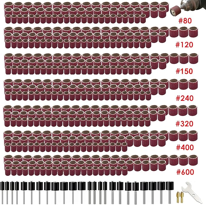 552 Pcs Sanding Drum Set, 504 Pcs 80 120 150 240 320 400 600 Grit Drum Sander Sleeves and 24 Pcs Drum Mandrels,2 Pcs Self-Tightening Drill Chuck and Combination Wrench for Rotary Tool