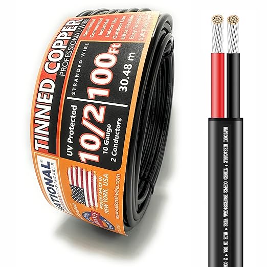National Wire&Cable - 10/2 Tinned Copper Professional Wire (100 Feet) 10 AWG Gauge Stranded PVC Cord - 2 Conductor Electrical Wire - Made in USA - CL Rated/ETL Listed - Automotive, Low Voltage Cable