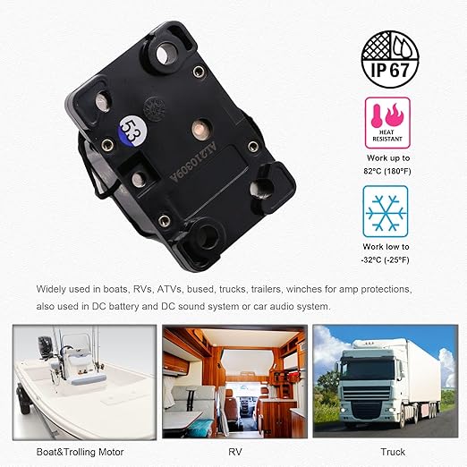 E9 50 Amp Circuit Breaker with Manual Reset | Waterproof IP67 Protection | UL Certified | 12V - 72V DC 50A Swithable