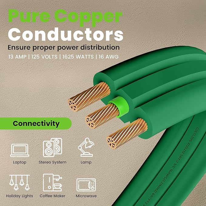 GEARit 360 Rotating Flat Plug Extension Cord with 3 Outlets (15ft, Green) 16AWG/13A 3 Prong Wire, Outlet Saver for Home Office Dorm Room Essentials, ETL Certified