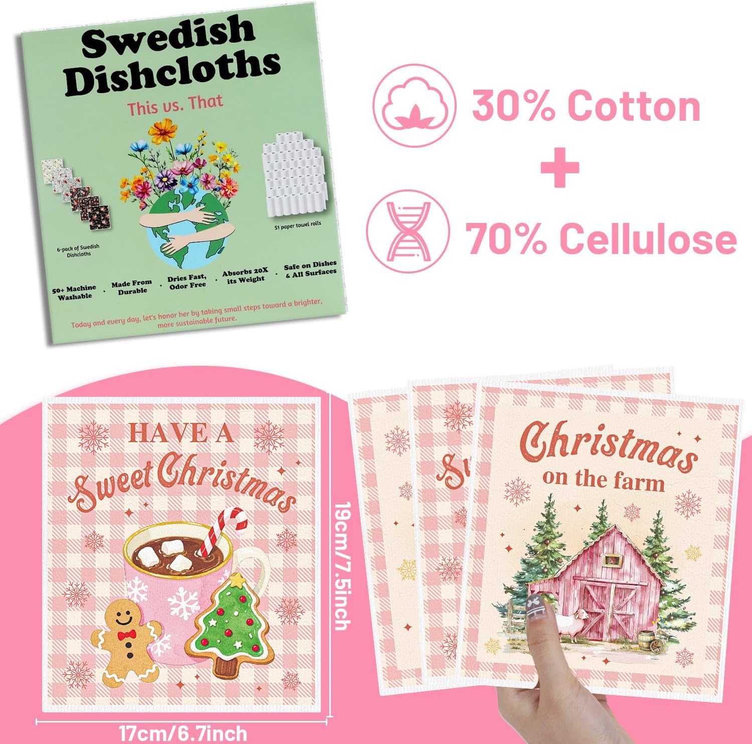 Pink Christmas Swedish Dishcloths for Kitchen, 6 Pack Snowman Truck Reusable Dish Paper Towels Housewarming Gifts, Xmas Absorbent Dish Rags for Home Cleaning