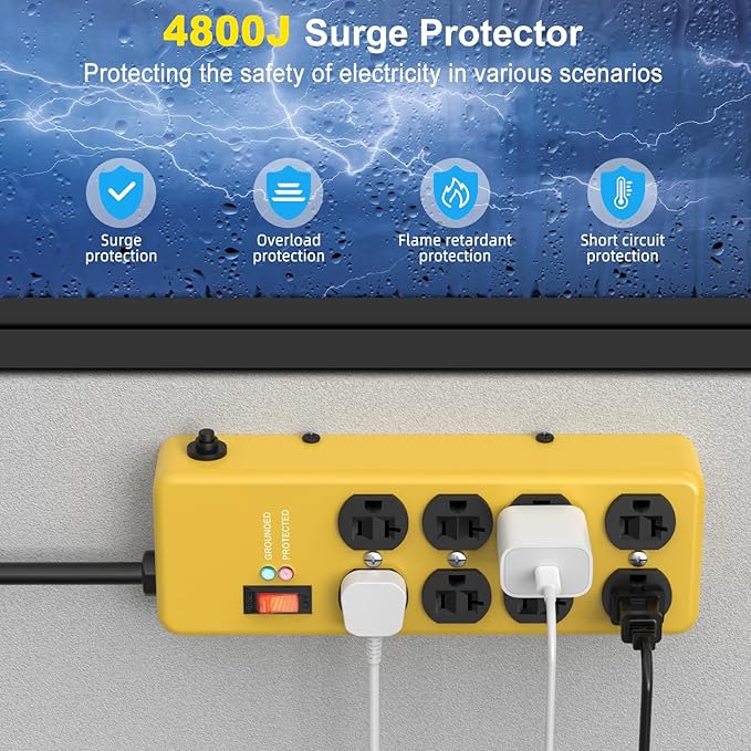 HEZI 20A Power Strip Surge Protector Durable Metal 8-Outlet with Heavy Duty 20 Amp Extension Cord,12 Gauge for Garage,Workshop & Industrial Use with 6-20R T-Slot Outlets,4800J(Yellow,6FT)