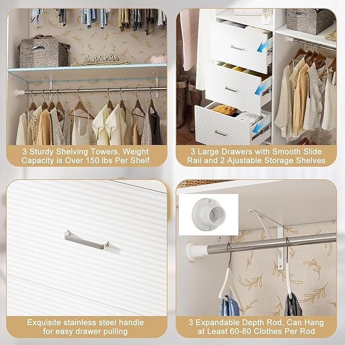 PAKASEPT 96 Inches Closet System with Drawers, 8FT Closet Organizer System with 3 Hanging Rods, Wall Mount Bedroom Wardrobe with 3 Drawers Walk-in Closet, Adjustable Cloth Garment Rack from 5 to 8FT